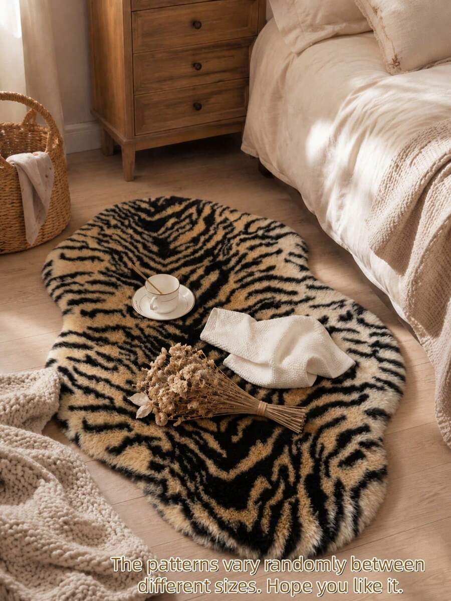 1pc Tiger Stripe Faux Rabbit Fur Rug, Unique Cloud Design, Soft Fluffy Asymmetrical Shaped Long Pile Carpet, Cozy Animal Pattern Bedroom Living Room Home Decor Mat - Multicolor - View 1