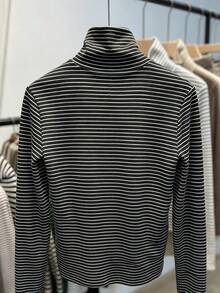 Áo thun nữ cổ cao tay dài kẻ sọc đen trắng, vải polyester co giãn vừa, đồ mặc hằng ngày mùa thu thiết yếu - màu đen - Xem 9