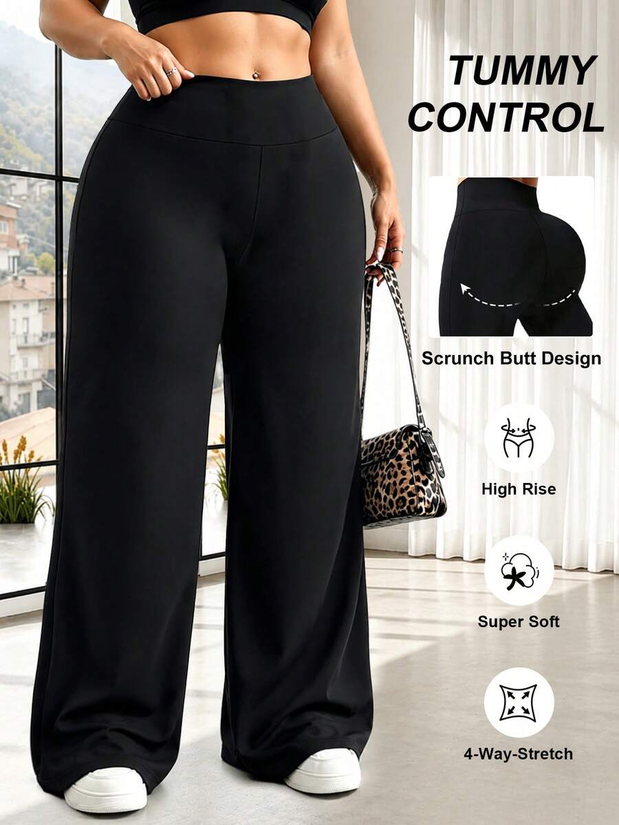 Women's Plus Size Wide Leg Pants, Versatile Wide Leg Pants, High Elastic Waist Fabric, Suitable For Sports, Casual, Party And Vacation Occasions - Black - View 1