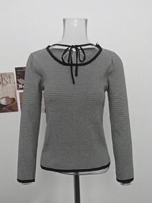 Korean Vintage Scarf Tie Contrast Color Striped Long Sleeve T-Shirt Women Autumn Versatile Commute Slimming Knit Top - Black and White Stripes - View 6