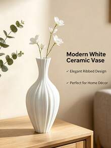 White Ribbed Plastic Flower Vase, Nordic Fluted Vase, Unbreakable Decorative Table Vase For Office Desk, Dining Table Centerpiece, Living Room Home Decor - Boho Style - View 12