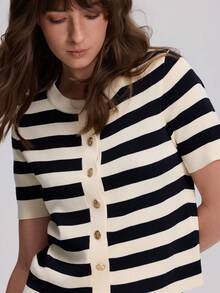 Round Neck Striped Short Sleeve Knit Cardigan Sweater Jacket - Multicolor - View 4