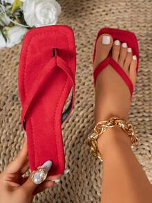 New Spring/Summer Women's Red Fabric Square Toe Flat Flip Flops, Casual Fashion Vintage Indoor Slippers Sandals - Red - View 3