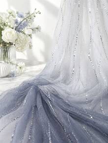 1pc Gradient Sequin Tulle Fabric, White To Grey Gradient Semi-Transparent Mesh With Iridescent Wavy Sequin Lines, Lightweight Shiny Polyester Mesh, Suitable For Wedding Dress, Bridal Veil, Evening Gown, Photo Backdrop, Party Decor And DIY Crafts - Multicolor - View 6
