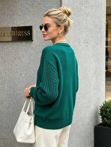 Pull tricoté élégant pour femmes de couleur unie avec épaules tombantes et torsades, Top tricoté décontracté à manches longues et col rond, tricot de mode quotidien pour l'automne/l'hiver - Vert - Voir 3