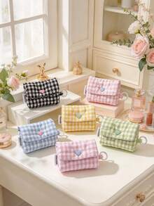 1pc Sweet Plaid Earphone Storage Pouch Heart Quilted Lipstick Bag Lightweight Earbud Holder Bag With Key Ring Portable Mini Coin Purse & Earbud Case - Multicolor - View 2