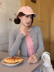 French Gentle Style Sweet Long Sleeve Contrast Color 2 In 1 Knit Cardigan Jacket Women's Early Autumn Slim Fit Flattering Short Outerwear Top - Grey and Pink - View 3