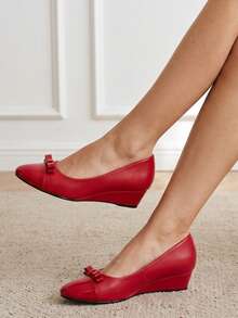 Round Toe Fashionable Comfortable Casual Wedge Heel Women's Shoes Commute Knot Design - Red - View 3