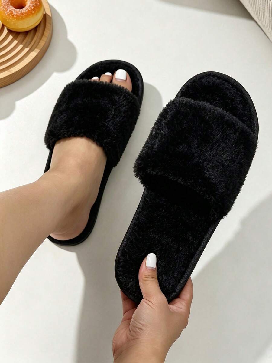 女款時尚羊羔毛絨毛毛絨拖鞋,伴娘拖鞋,冬季室內輕量居家地板拖鞋 - 黑色 - 查看 1