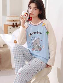 2pcs/Set Women's Spring Autumn Pajamas Casual Cartoon Sweat-Absorbent Breathable Round Neck Long Sleeve Long Pants Cartoon Spring Autumn Winter Home Wear Fall Clothes For Women - Sky Blue - View 1