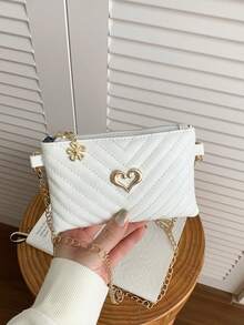 Girls Sweet Heart Metal Decor Shoulder Bag V-Quilted Mini Crossbody Bag Gold Chain Coin Purse Kids Outing Accessory Bag - A - View 4