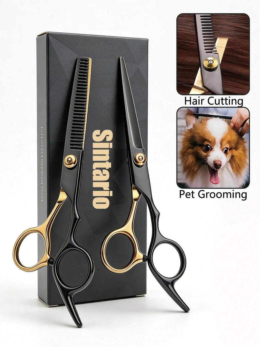 2pcs/1pc Professional Hair Cutting Scissors And Trimmer Set - Stainless Steel Black Gold Hair Cutting Scissors Set With Styling Comb, Ergonomic Design Salon-Grade Home Haircutting Tools, Perfect Gift For Hairstylists