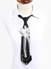 1Pc Women Black 3D Flower Lace Ribbon Chain Pre-Tied Necktie Sweet Cool For School Daily Party - Multicolor - View 2