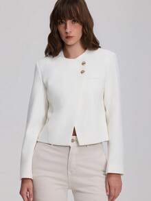 Women's Long Sleeve Round Neck Double-Breasted Blazer - White - View 1