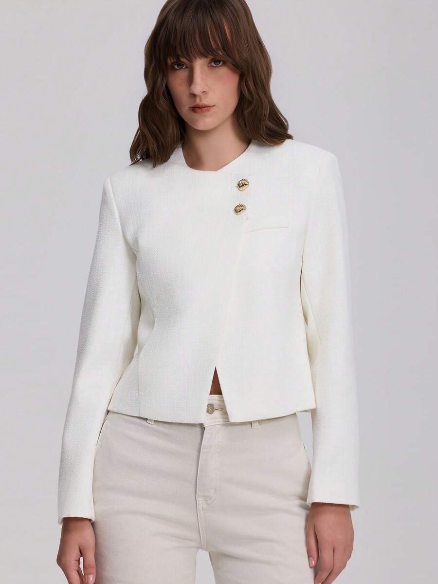 Women's Long Sleeve Round Neck Double-Breasted Blazer - White - View 1