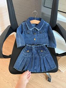2pcs/Set Baby Girl Fashion Washed Blue Effect Raw Edge Collar Long Sleeve Regular Top And Pleated Skirt Set, Daily Back To School Autumn Outfit - Blue - View 2