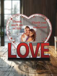 1pc Custom Personalized Photo Heart Shaped Desktop Plaque, Custom Photo Text, LOVE 3D Letter Base With Floral Heart Border Design,Bedroom Living Room - Red - View 3