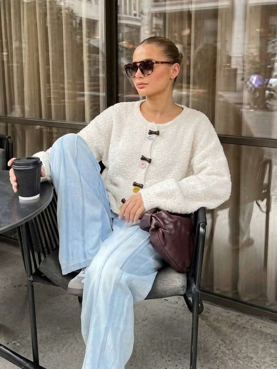 Textured Button Front Sweater Cardigan, Round Neck, Long Sleeves, Regular Fit, Stretch Knit, White Fall Cardigan, Elegant Casual Layering Top - White - View 1