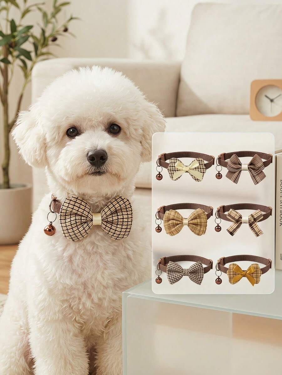 PETSIN 3pcs Adjustable Coffee Color Bowknot Pet Bell Collar With Leash Buckle, Cute Collar For Small Cats And Dogs - Multicolor - View 1