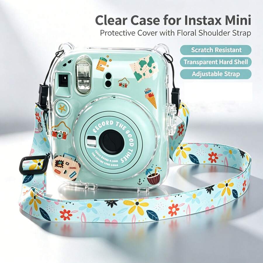 مجموعة بطانية حماية شفاف (بطانية كريستالي + حزام كتف + ملصقات كرتونية) لكاميرا InstaxMini 12، بطانية حماية شفاف مع جيب خلفي للصور، بطانية حماية كريستالي لكاميرا فورية، بطانية PV سهل التركيب، مقاوم للاصفرار، مقاوم للسقوط، مقاوم للخدش، إكسسوارات حماية لكاميرا التصوير - مشاهدة 1