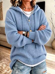Women's Knit Pullover Sweatshirt, Plus Size Long Sleeve Regular Fit Pullover Sweatshirt, Suitable For Autumn/Winter Daily Wear - Blue - View 6