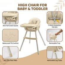 4-In-1 Convertible High Chair For Growing Kids, Removable Tray, Non-Slip Base, 5-Point Harness, Soft PU Seat, Footrest, 6-36 Months, Max Load 33lbs - Khaki - View 3