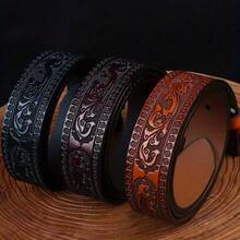 1pc Unisex Western-Inspired Belt With Ornate Carved Buckle And Full Embossed Scroll Strap Detailing, Rivet-Reinforced Vintage Design - UH035 - View 6