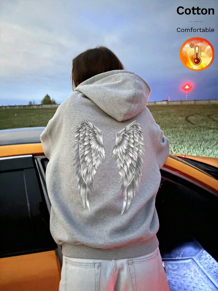 Women's Silver Wing Print Fleece Hoodie, Long Sleeve Pullover, Large Back Graphic Design, Soft And Comfortable, Y2K Style - Gray - View 1