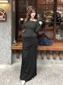 女款素色休閒百搭日常裙 - 黑色 - 查看 5