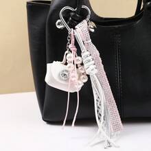 Korean Vintage Woven Tassel Pearl Chain Mini Leather Bag Charm, Cute Bag Pendant Keychain - Multicolor - View 3