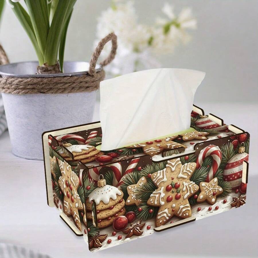 1pc Handmade Wooden Tissue Box Set - Reusable Round Decorative Storage Box With Gingerbread And Candy Cane Pattern, Christmas Holiday Home/Office Decor, DIY Craft Kit, Tissue And Small Trinket Gift Box - Multicolor - View 1