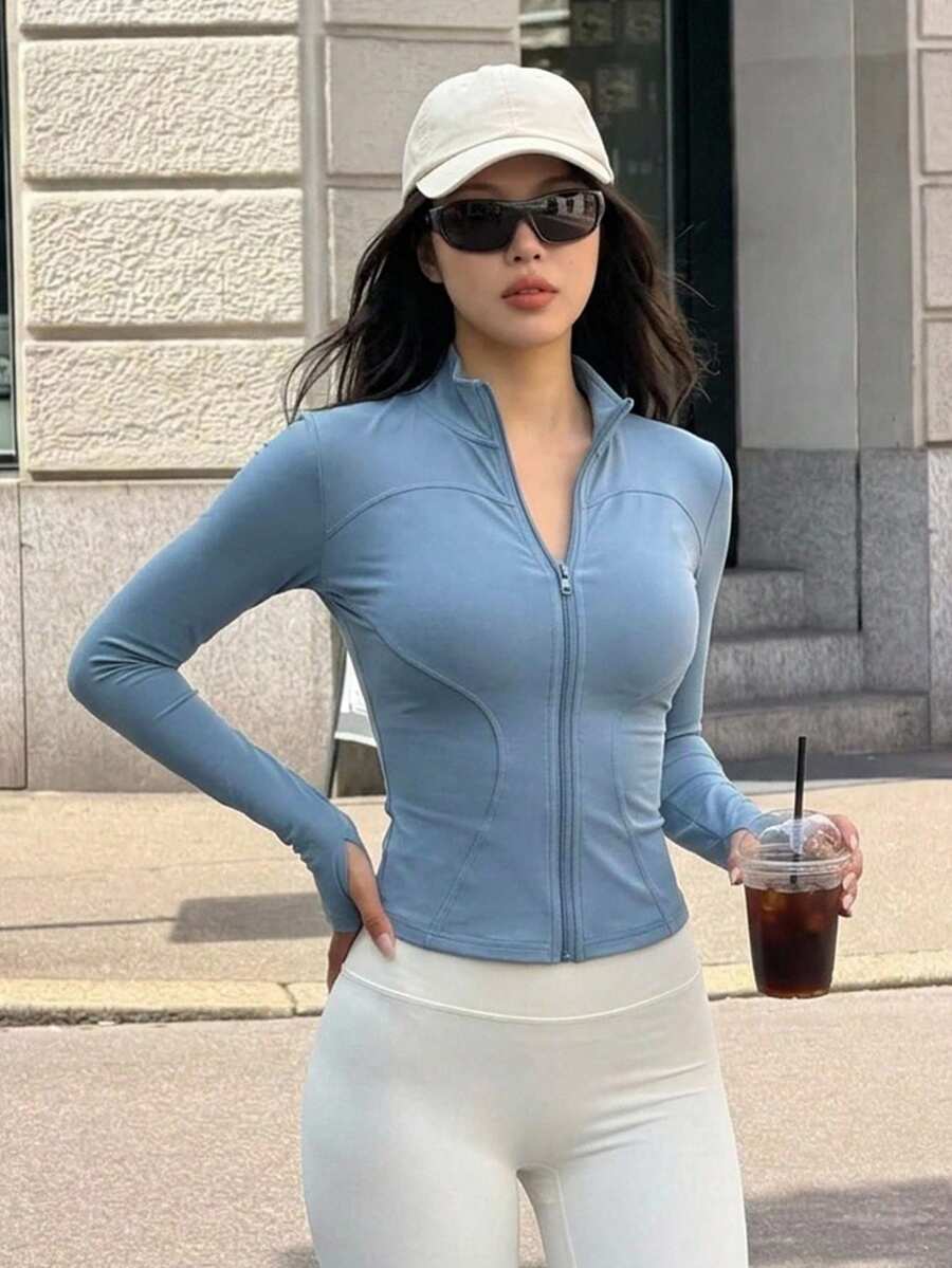 女款長袖運動外套,拉鍊拇指孔訓練上衣,健身外套,拉鍊外衣, - 霧霾藍 - 查看 1