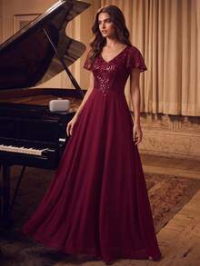 EVERPRETTY Fall Elegant Women's Evening Gown Luxury Sequin Patchwork Dress V-Neck Ruffle Sleeve A-Line Burgundy Formal Dress For Wedding Anniversary - Burgundy - View 4