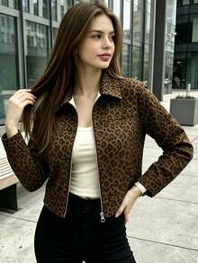Plus Size Vintage Leopard Print Cropped Zip-Up Jacket For Women, Slim Fit, Flattering, American Hot Girl Style, Casual Daily Wear, Unique Design - Multicolor - View 5