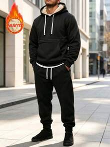 Men's Autumn/Winter Casual Sports Set, Thermal Lined Thick Hooded Sweatshirt + Thermal Lined Jogger Pants 2 Pieces Set, Winter Cold-Resistant Outdoor Men's Outfit - Black - View 2