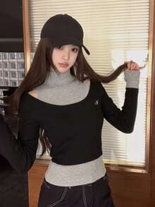 Autumn/Winter Korean Casual Y2K Pure Desire Style Women's Knit 2 Pieces Set: Mock Neck Sleeveless Long Vest + U-Neck Embroidered Long Sleeve Knit Top, Colorblock Ribbed Design, Suitable For Girls' Daily, School And Party Outfits - Dark Grey - View 6