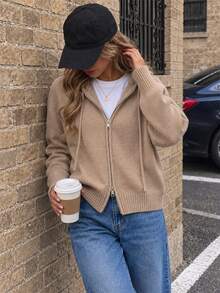 JTI Women's Two-Way Zip Hooded Knit Cardigan, Casual Loose Long Sleeve Sweater Jacket With Drawstring Hood For Daily Wear, Going Out, Fall/Wint - Brown - View 4