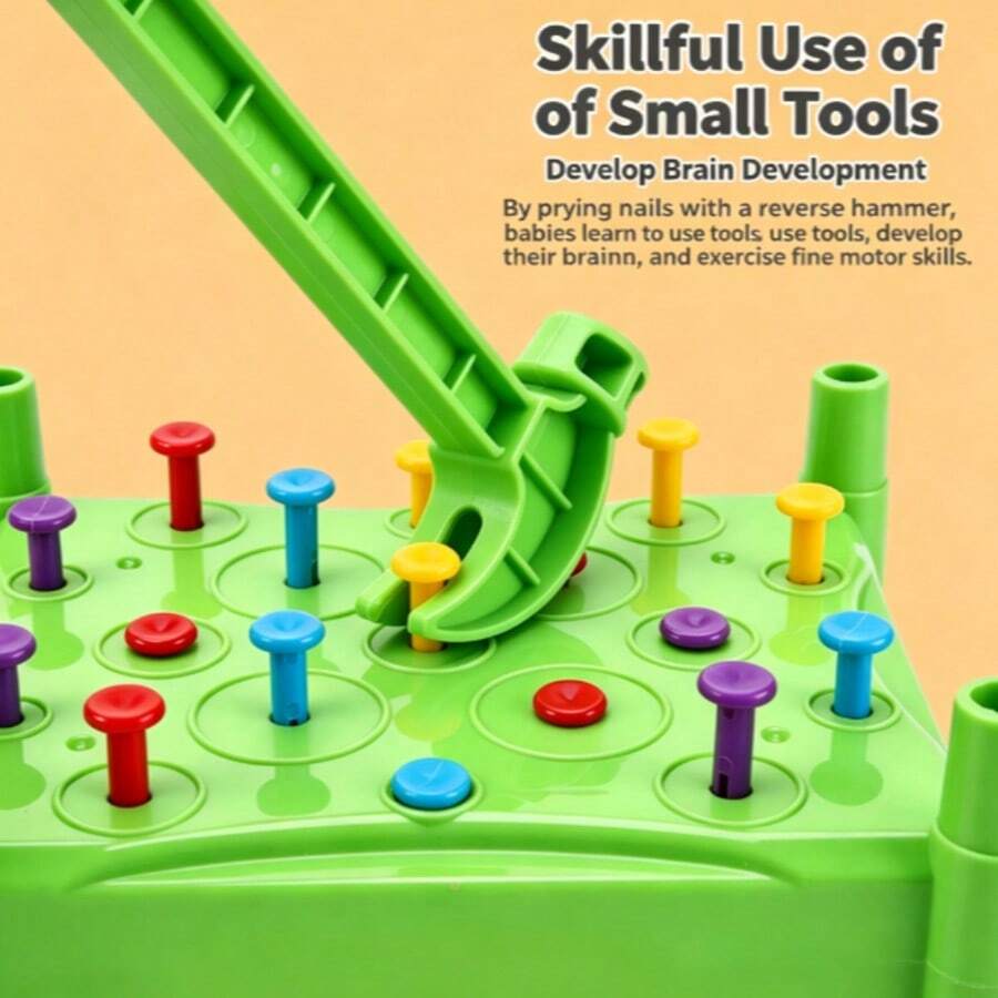1PC-Kids Pounding Bench Toy, Hammering Nail Game With Mallet & Color Pegs, Montessori Fine Motor Skills Activity For Ages 3+ - Multicolor - View 1