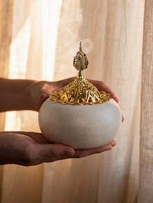 1pc Round Metal & Ceramic Handheld Incense Burner, 2 Colors White & Black, Minimal Natural Luxury Style, Aromatherapy Decor. Perfect For Home, Office, Hotel, Halloween, Christmas & Ramadan Decor. - Incense Burner - View 2