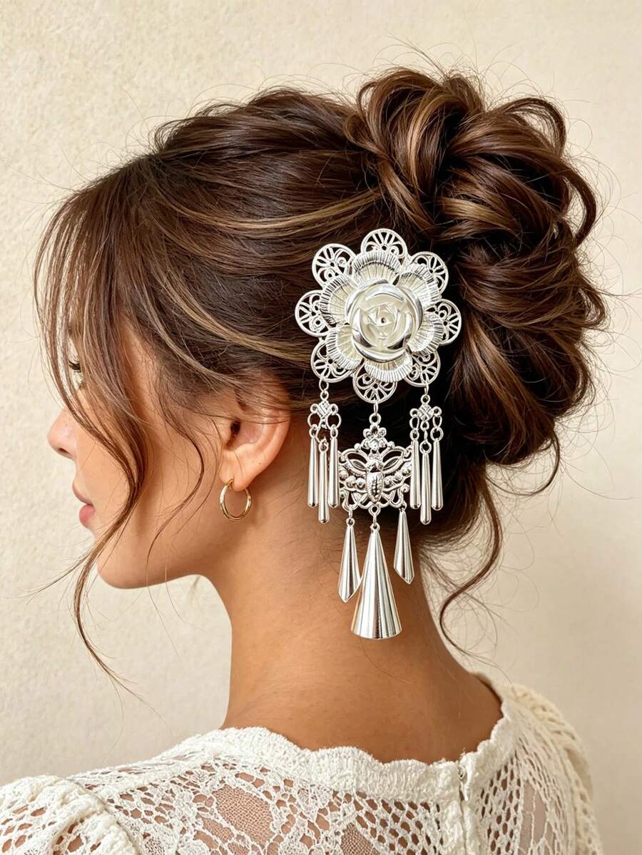 1pc Silver Hollow Flower Tassel Hair Stick, Vintage Embossed Pendant Hair Pin For Women, Back Of Head Hair Accessory For Banquet - Multicolor - View 1