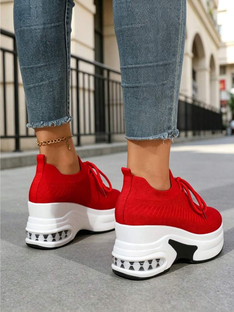 WTKMRSSTEP Spring/Summer New Women's Platform Lace-Up Casual Shoes, Breathable Commuter Versatile Shoes - Red - View 3