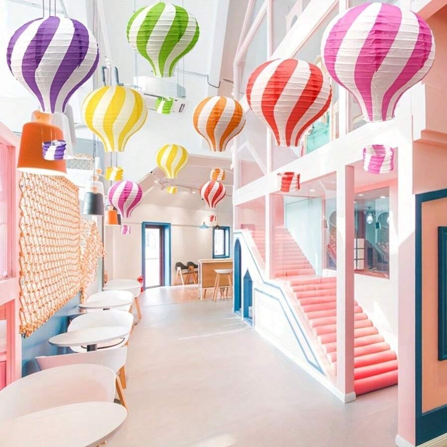 Bộ 7 đèn lồng giấy hình khinh khí cầu kẹo mút nhiều màu sắc | DIY, gấp gọn, tái sử dụng - Phù hợp trang trí tiệc, Giáng sinh, đám cưới và sinh nhật - Mẫu mới - Xem 1