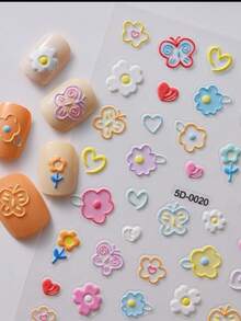 1Set 5D Embossed Decor Stickers, Colorful Flower Butterfly Heart Pattern, Self-Adhesive Decals, Cute Floral Decor, Bonus Tweezers Included, Metal Stickers, Phone Stickers For Decoration - Dopamine-colored Small Flowers - View 4