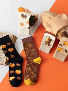 5 Pairs Women's Mid-Calf Cotton Socks, Autumn Pumpkin Squirrel Maple Leaf Vintage Theme, Cute Cartoon Versatile Socks - Multicolor - View 3