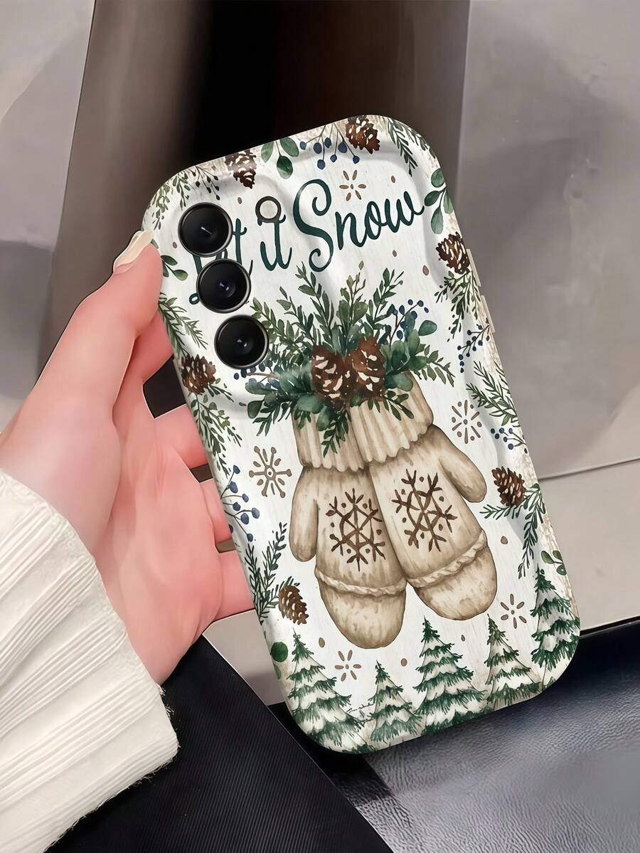 1 pièce Étui de téléphone à bord ondulé crème, Étui de téléphone à cadre ondulé couleur crème, Étui de téléphone gant de Noël vintage Let It Snow, aquarelle de pomme de pin, branche de pin, flocon de neige, forêt d'hiver, coque souple, cadre de caméra surélevé anti-chute, étui de téléphone protecteur pour femmes, compatible avec Apple 11, 12, 13, 14, 15, 16, 17, 18 Pro Max. Bel étui de téléphone convenant aux femmes et aux filles, compatible avec Galaxy, Honor, téléphones - Blanc - Voir 1