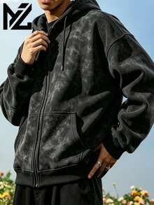 Men's Hooded Zip-Up Sweatshirt Jacket, Drop Shoulder Winter Fleece Hoodie, Black & Grey Tie-Dye Washed Kangaroo Pocket Casual Jacket, Outdoor Sports Commuter Sweatshirt - Black - View 4