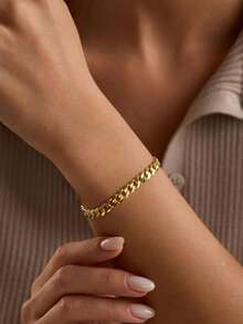 1pc Women's Bracelet, Beach Vacation Layering Style, Non-Fading Non-Rusting Stainless Steel Women's Hip Hop Thick Cuban Chain Bracelet, Daily Accessory Gift - Yellow Gold - View 2