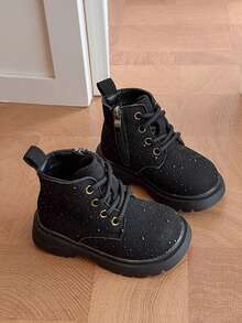 New Kids Shiny Rhinestone Boots, Autumn/Winter Girls Casual Ankle Boots With Side Zipper, Easy On/Off, Non-Slip - Black - View 5