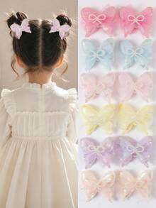 6pcs Candy Color Mesh Double-Layer Bowknot Hair Clips, 3D Iridescent Side Bangs Clips, Cute Girls Daily & Party Hair Accessories - Multicolor - View 2
