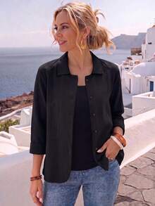 Jisfaneya Solid Color Mandarin Collar Black Jacket, Casual Multipurpose Lightweight Spring/Summer Outerwear - Black - View 2